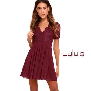 Lulus Sheer Burgundy Lace Short Sleeve Dress NWT Size L